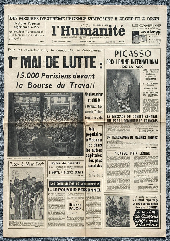 L Humanite 2.5. 1962, Picasso Lenin-Orden