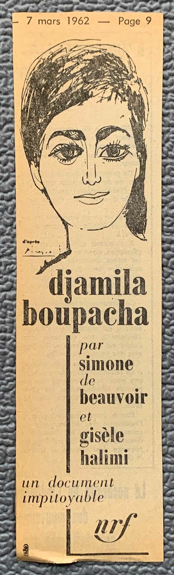 Boupacha Djamila Zeitungsausschnitt 1962