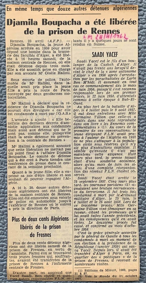 Boupacha Djamila Zeitungsausschnitt  4/1962